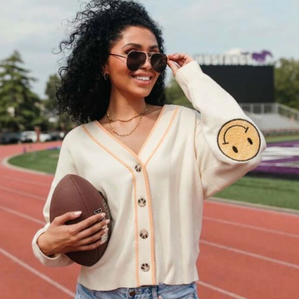 By Together Cream Cardigan with Smiley Patches